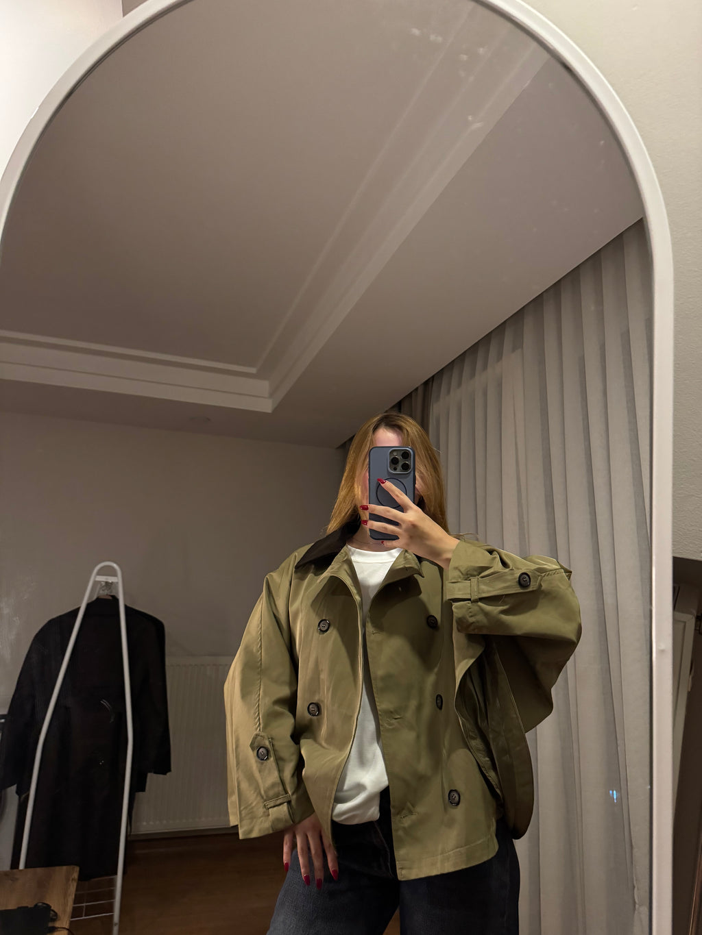 Açık Haki Pelerinli Oversize Kısa Trenç